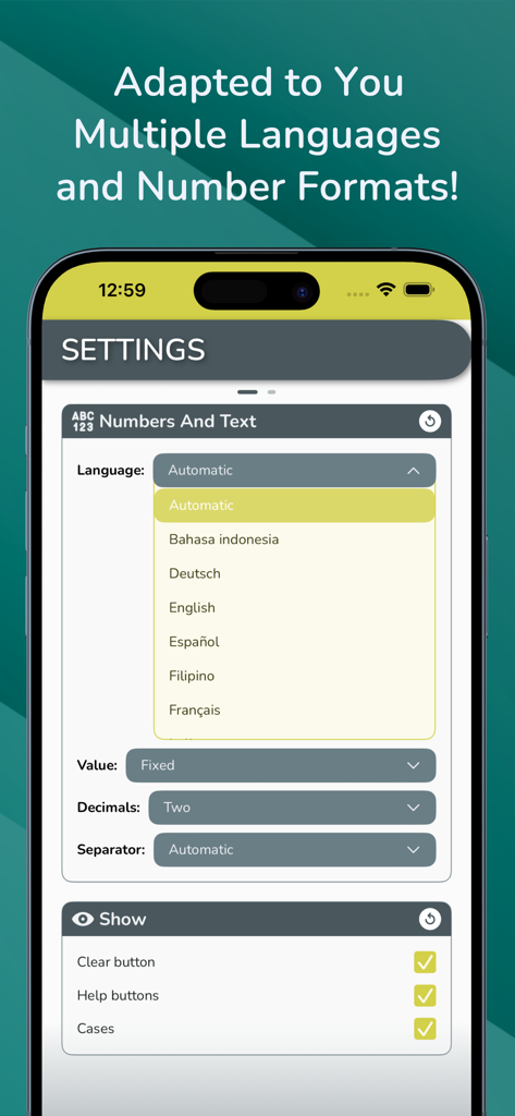 Einstellungen-Bildschirm der Interpolationsmethoden-App mit Sprachauswahl und Zahlenformateinstellungen