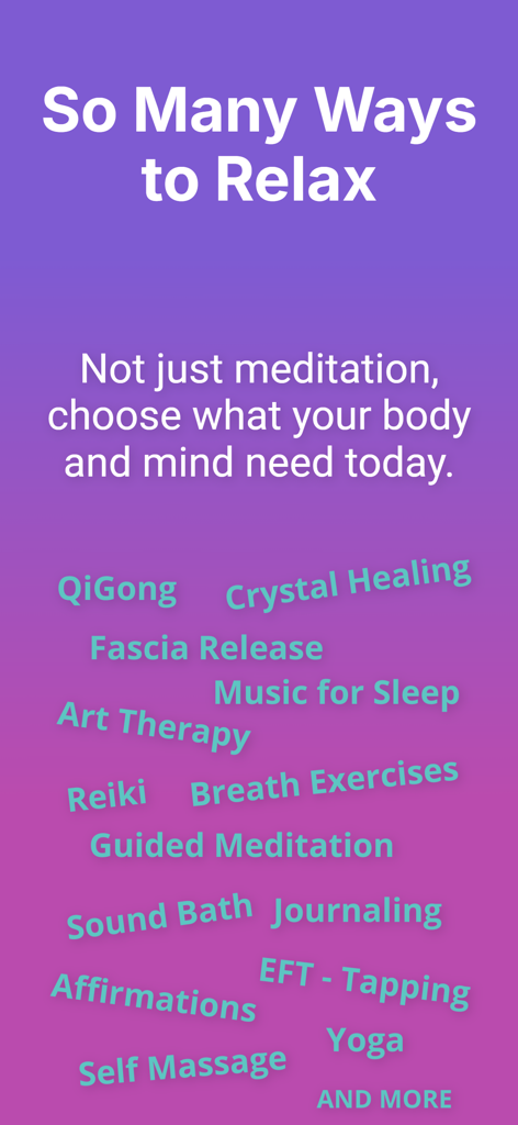 Relax Now: Mental Relaxation - Eine Liste verschiedener Entspannungstechniken in der Relax Now App, einschließlich Meditation, Yoga und Reiki