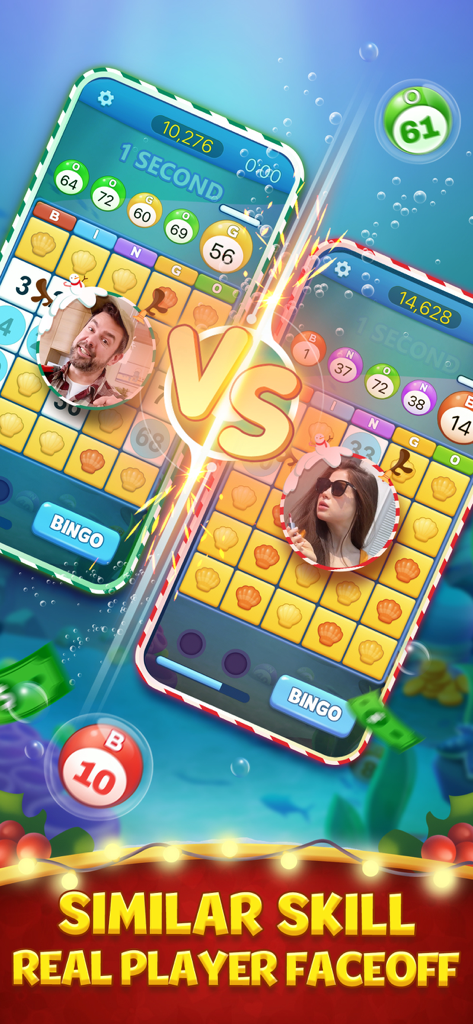 A head-to-head Bingo Clash match between two real players in Pocket7Games showing dual gameplay screens and competition scores.