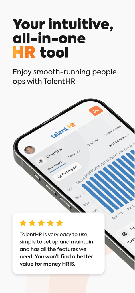 TalentHR - All-in-one HRIS - TalentHR mobile app interface showing headcount analytics dashboard and a positive user testimonial for intuitive HR management.