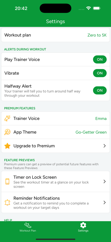 Settings screen of the Just Run app showing options for workout alerts trainer voices and premium features