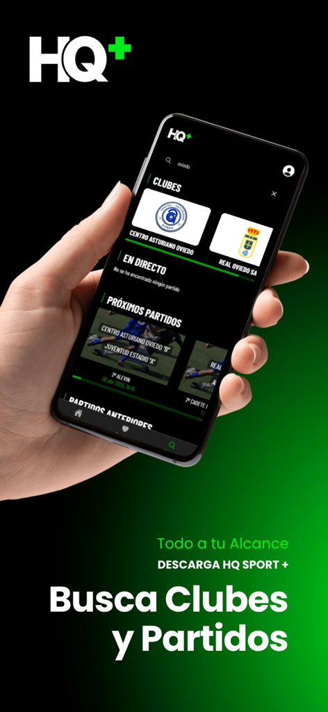 HQ Sport + - Écran de l'application mobile HQ Sport plus pour rechercher des clubs et des matchs sportifs