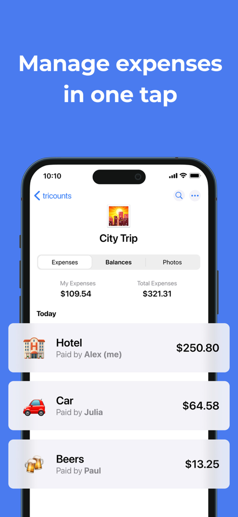 Tricount app screen showing shared group expenses for a city trip including hotel and car rental costs