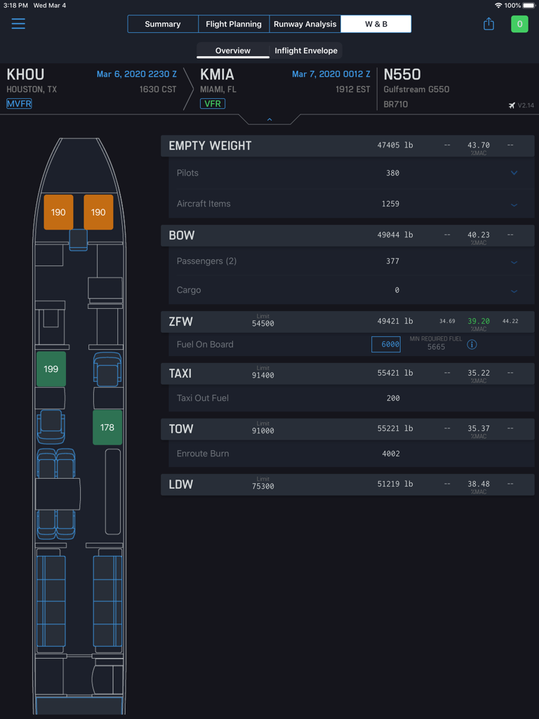 Aircraft weight and balance analysis interface for a Gulfstream G550 in iPreFlight Genesis