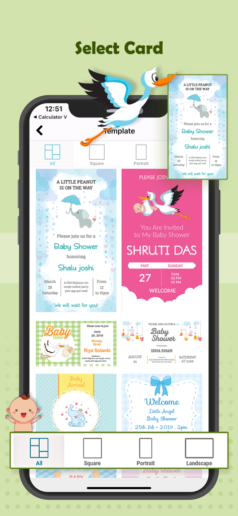 Selection of baby shower invitation templates in a mobile app