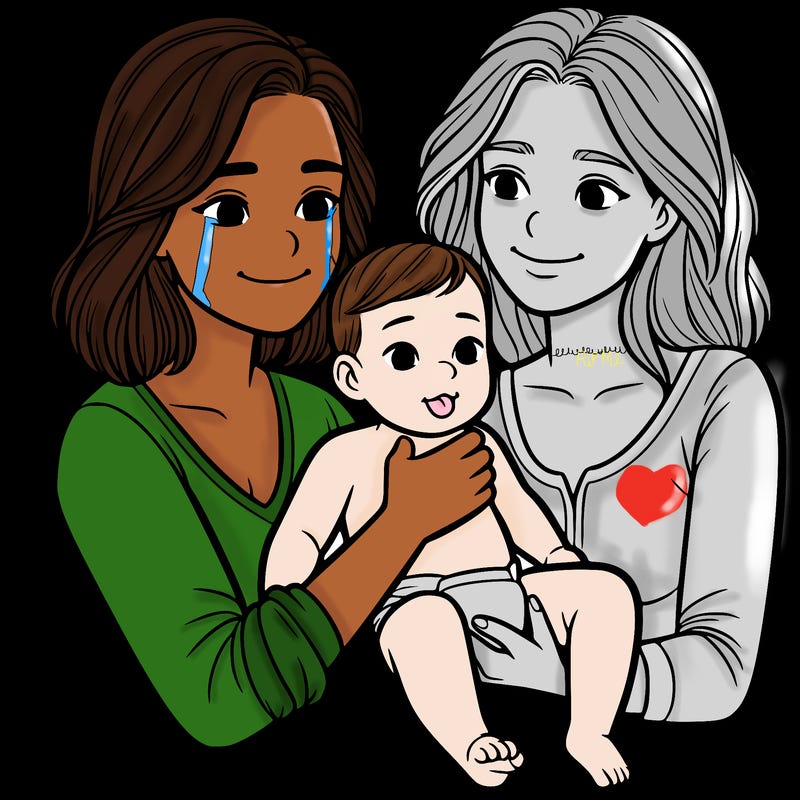 two realistic women holding one baby together