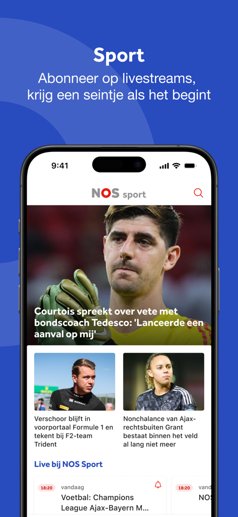 NOS - Seção de esportes do aplicativo NOS mostrando manchetes de notícias e notificações de partidas ao vivo