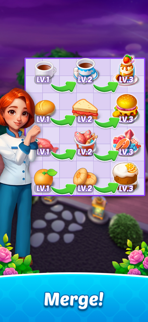 Merge Craze: Merge & Design - A game screen showing the progression of food items from level 1 to level 3 through merging