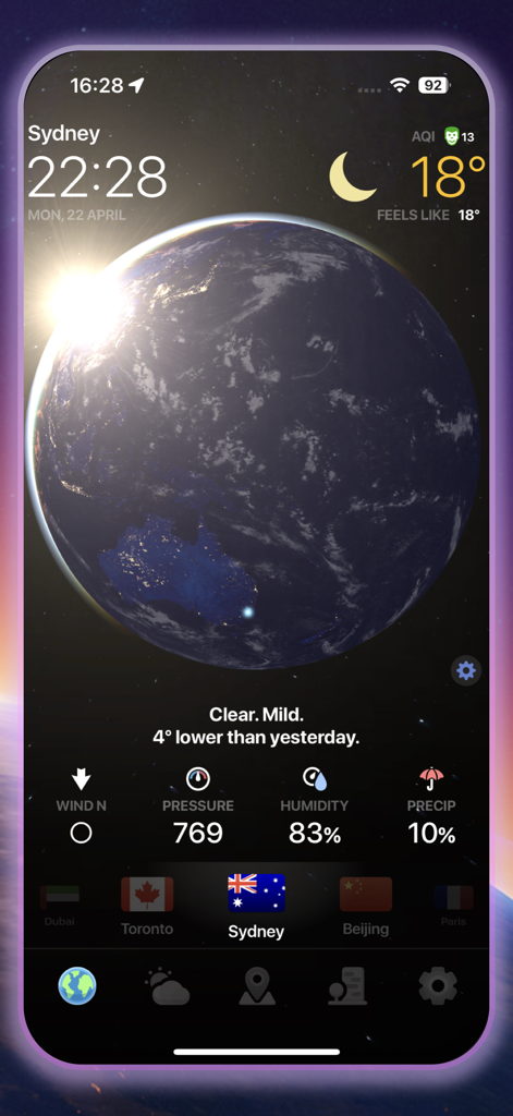 Interface do aplicativo Weather NOW PRO com globo 3D da Terra e dados meteorológicos de Sydney