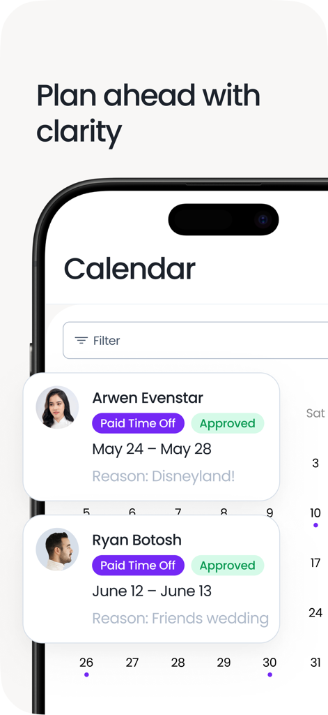 A mobile calendar view showing approved paid time off requests for team members in the Vacation Tracker app