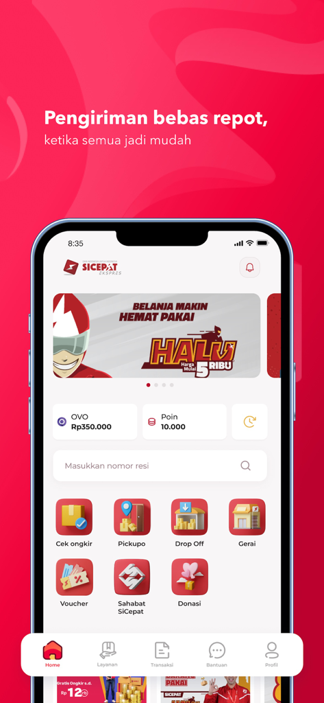 SiCepat Ekspres - The home screen of the SiCepat Ekspres app showing a tracking number search bar and shipping service icons