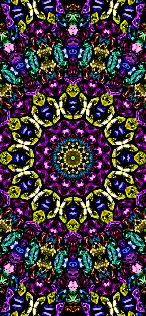 Symmetrical kaleidoscope pattern featuring colorful 3D crystal shapes