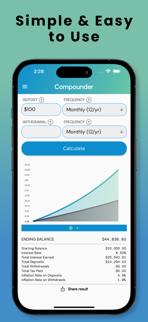 Compounder - La interfaz de la aplicación Compounder que muestra un cálculo de interés compuesto con un gráfico de crecimiento y resultados del saldo final.