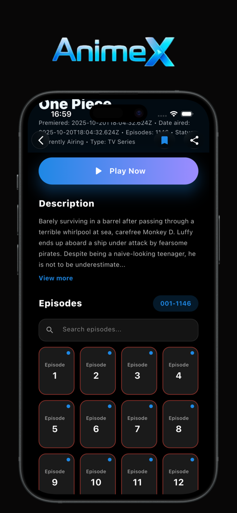 Interface do aplicativo móvel Play Animes TV mostrando uma descrição detalhada e lista de episódios do anime One Piece.