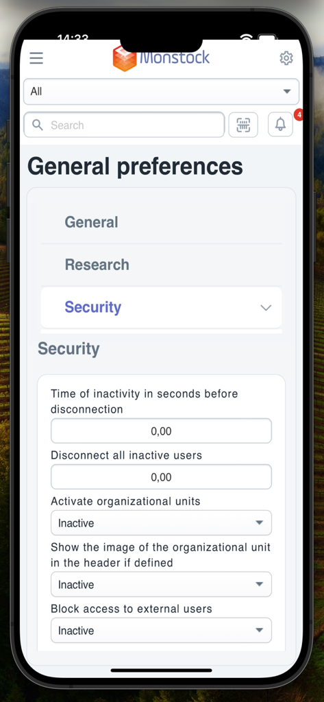 Monstock - Monstock app security settings interface showing session disconnection and user access controls