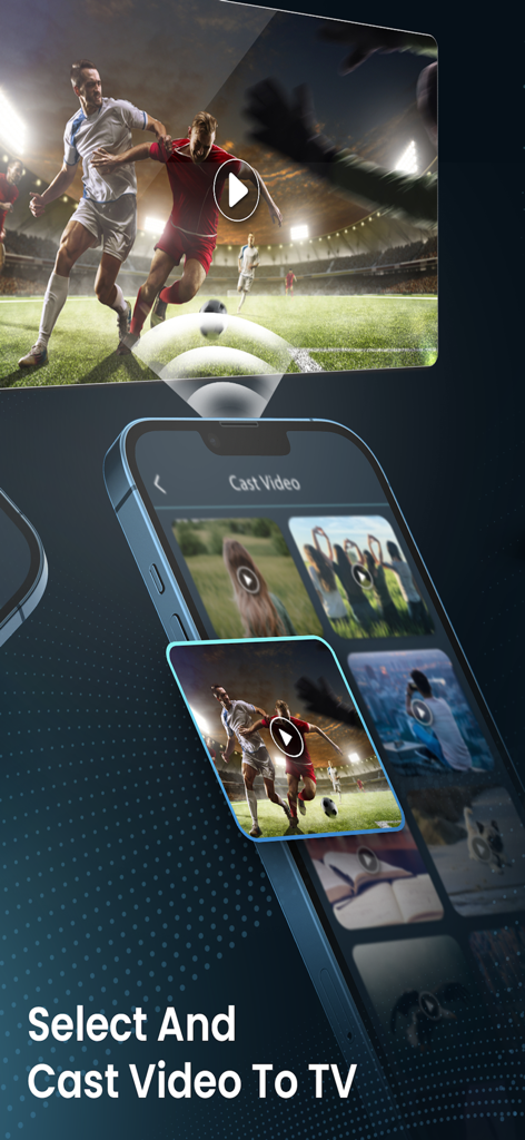 Miracast ﾠ - Una interfaz de smartphone que muestra miniaturas de video con un partido de fútbol duplicándose en una pantalla de TV grande.