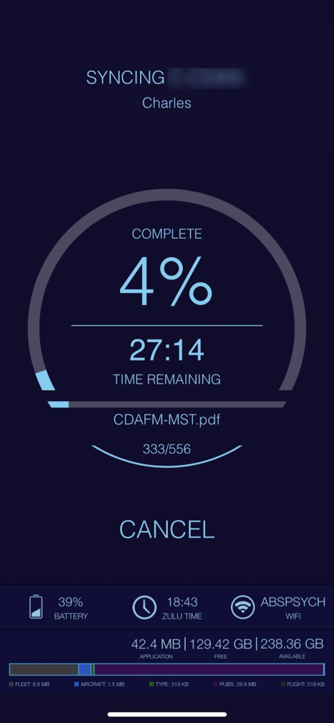 Aviation Docs app interface showing the synchronization progress of flight manuals and document libraries.