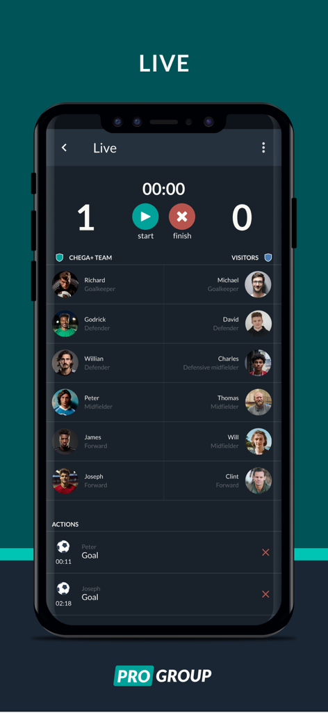 Écran de suivi de match en direct affichant les scores de football et les compositions d'équipes.