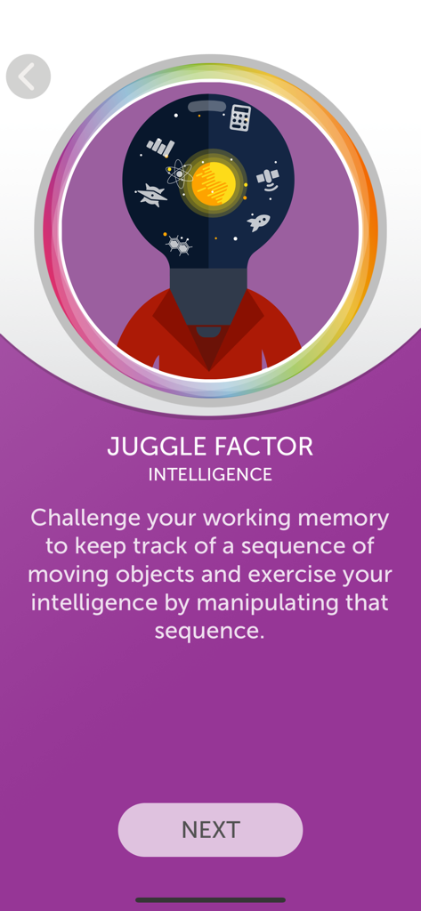 Screen describing the Juggle Factor intelligence exercise in the BrainHQ app