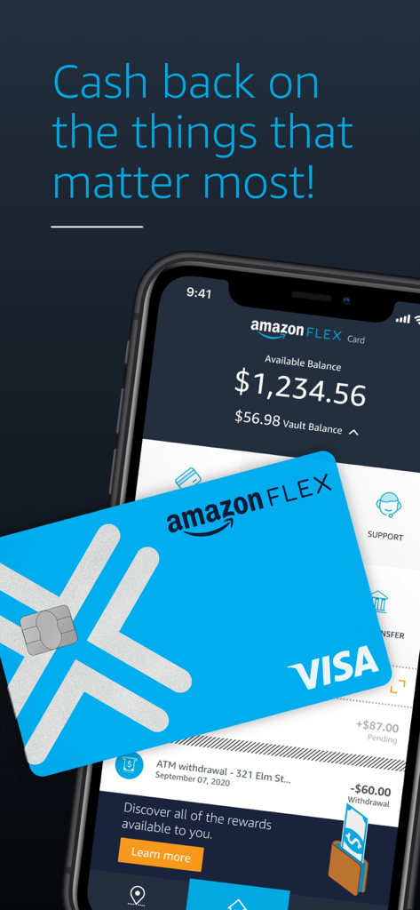 Amazon Flex Debit Card app on a smartphone displaying a balance of 1234.56 and a physical blue Visa debit card highlighting cash back rewards