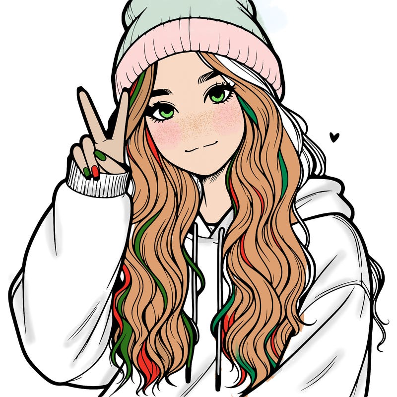 a teenage girl in a beanie, oversized sweatshirt, wavy long hair, and is showing a ✌️
