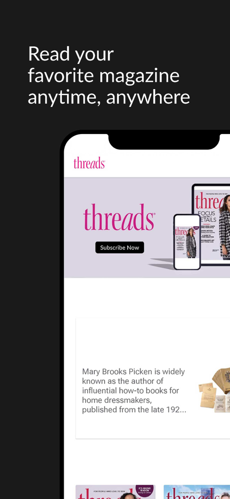 Smartphone screen displaying Threads Magazine digital sewing content and a subscription button