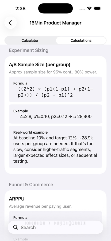 15 Min Product Manager - AB testing sample size calculator and ARPPU formulas in the 15 Min Product Manager app screen