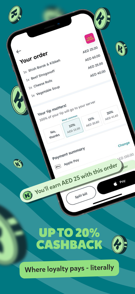 Tela de checkout da interface do aplicativo Kitopi exibindo o resumo do pedido de comida com recompensas de cashback e opções de divisão de conta.