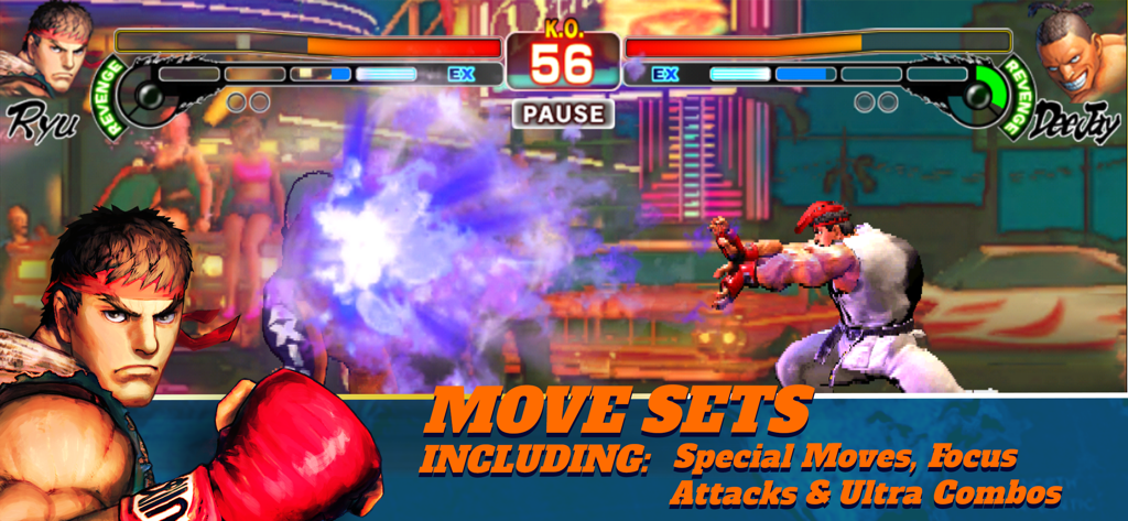 Street Fighter IV CE gameplay featuring Ryu performing a special move with a text overlay highlighting move sets.