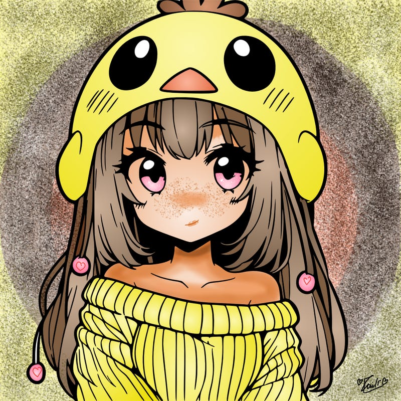 anime girl with chick shaped hat with sweater with bare shoulders with bangs covering them one eye with low tail