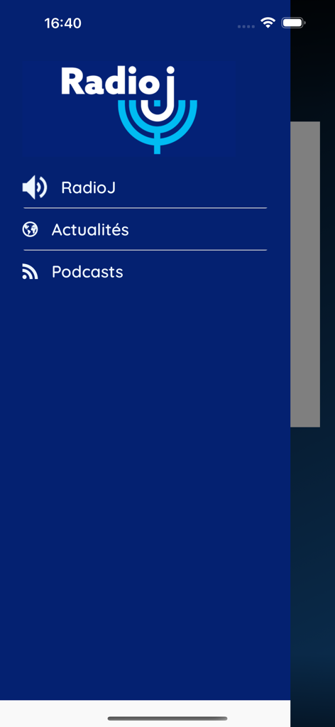 Menu de navigation latéral de l'application RadioJ France affichant les liens pour les actualités radio en direct et les podcasts