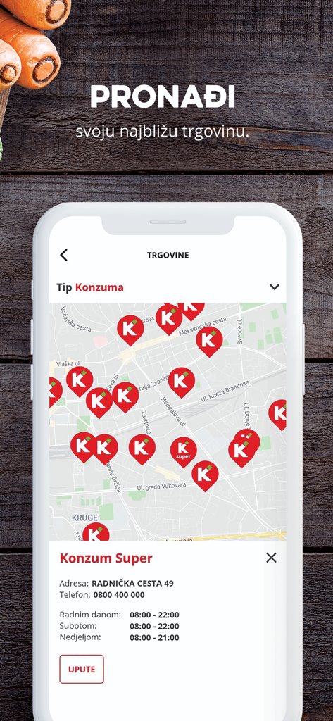 KONZUM - Localizador de tiendas de la aplicación móvil Konzum que muestra un mapa con ubicaciones de tiendas y horarios comerciales.