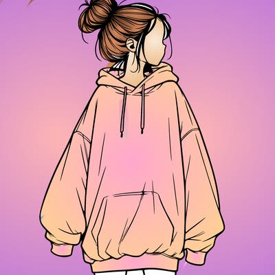 realistic girl with a oversized sweatshirt on and a bun