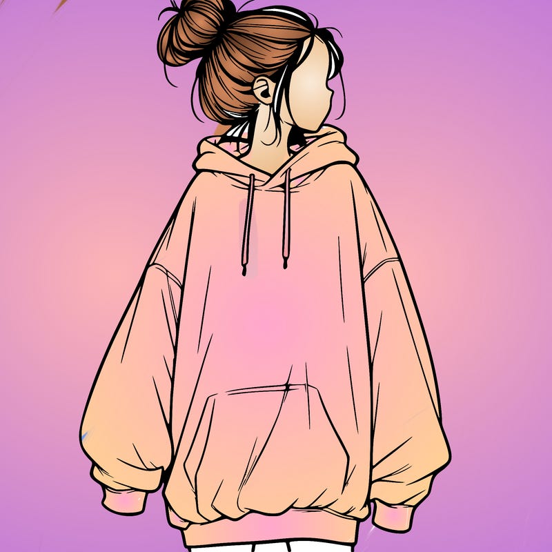 realistic girl with a oversized sweatshirt on and a bun