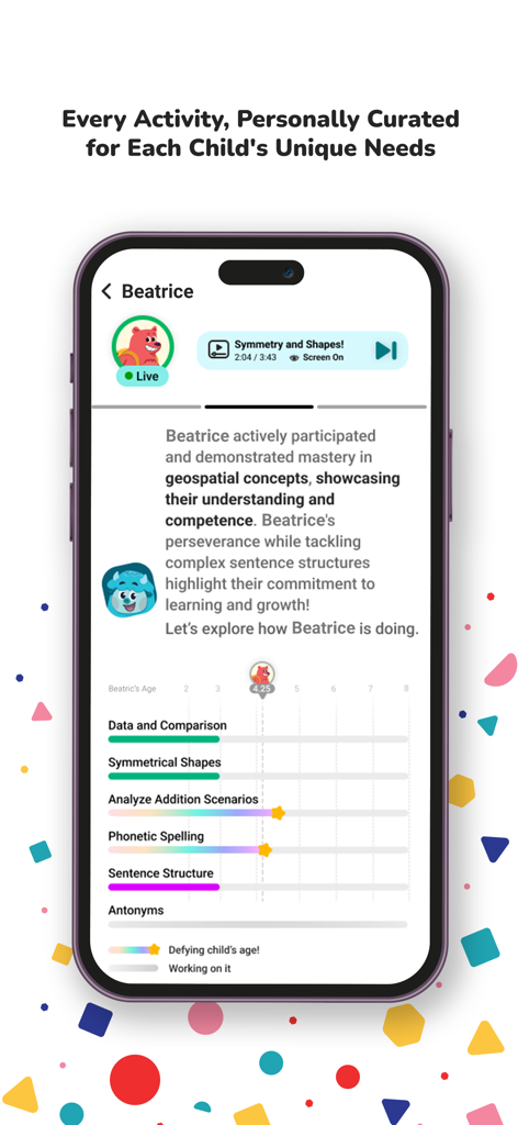 Yeti Confetti Kids - A detailed parental dashboard in the Yeti Confetti Kids app showing a child's progress across math and language arts skills.