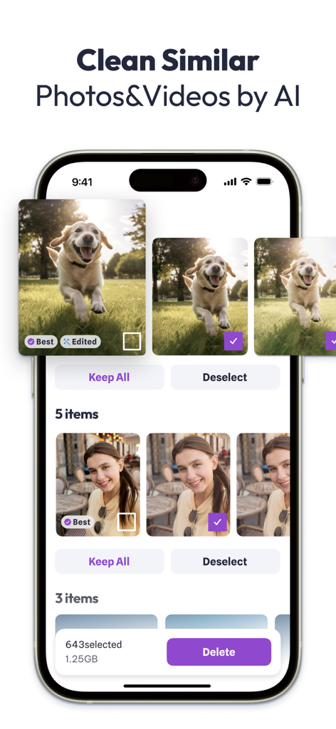 Interface of the Swipe Cleaner app showing AI-powered detection and deletion of similar photos to save storage space