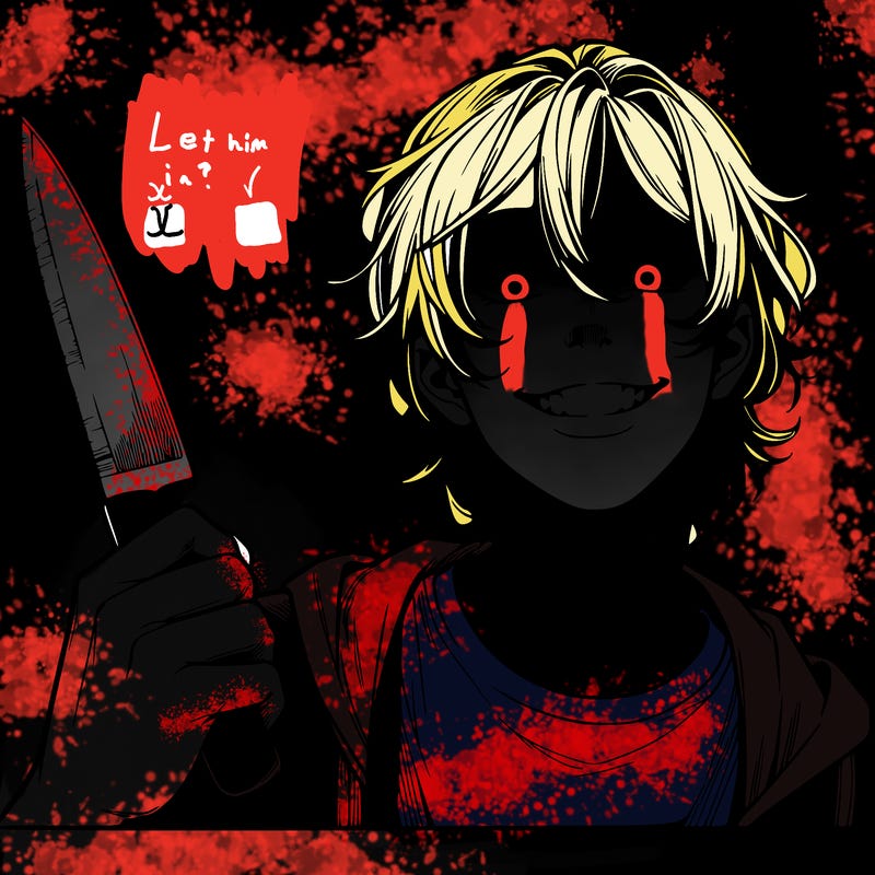 teenage realistic guy with long ish hair holding a knife and has a big grin