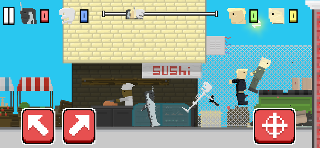 Getaway Shootout - A chaotic pixel art battle in Getaway Shootout showing characters jumping through an urban level with on-screen controls.