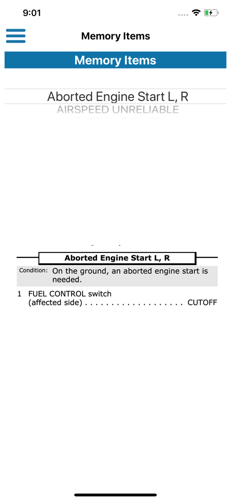 Memory Items screen for Aborted Engine Start in the 787 Handbook pilot app