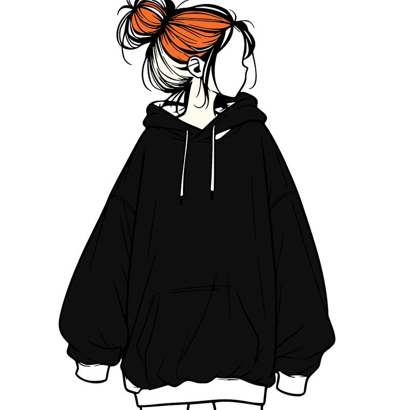 realistic girl with a oversized sweatshirt on and a bun