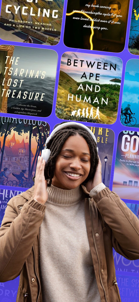 Soundbook Audio: Books & Music - A woman smiling while wearing headphones with an audiobook library background