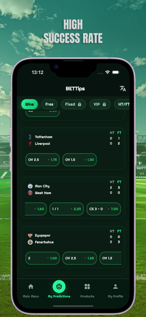 Mobile app interface showing past winning football betting predictions and high odds results.