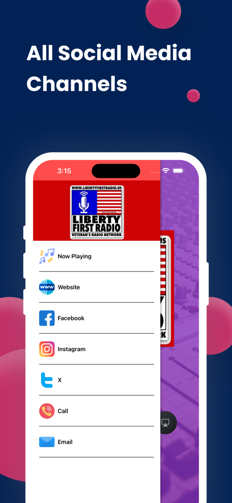 Liberty First Radio - Liberty First Radio app menu showing social media links and contact options