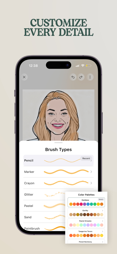 Flow-Coloring Book for Adults - Flow app interface showing brush types and color palette options for personal photo coloring