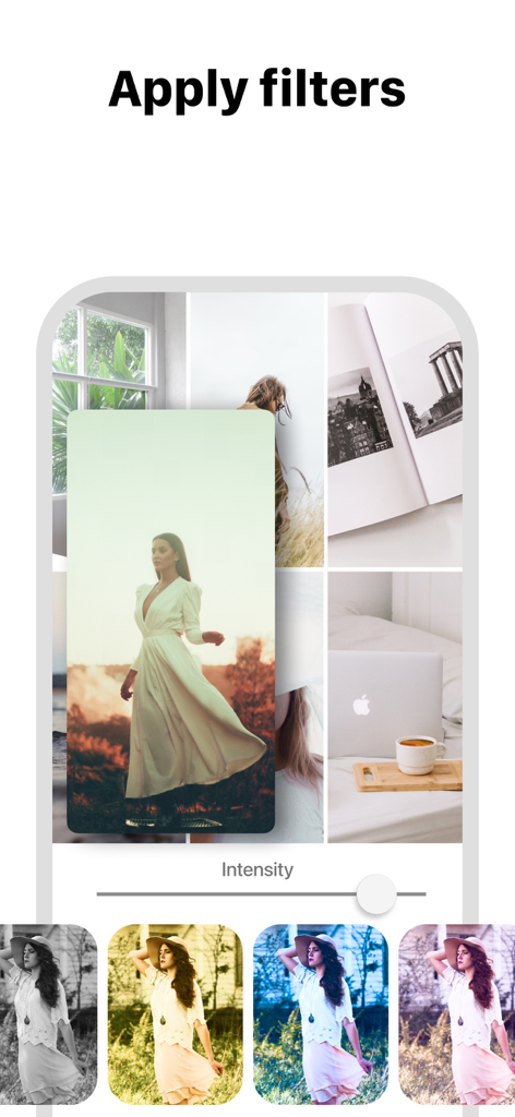 Feed Preview: Ig Grid Layout - Instagramグリッドレイアウトプレビューに写真フィルターを適用する様子。