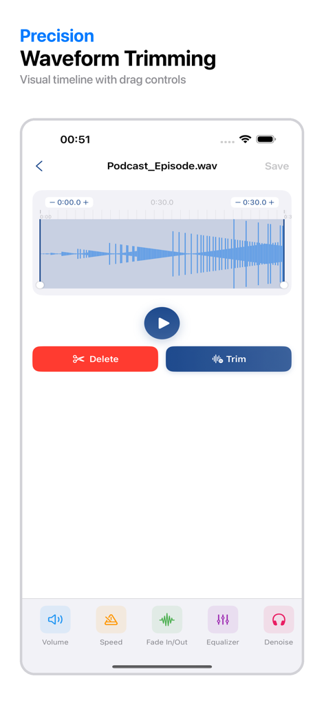 SonicForge - Audio Editor - SonicForge app interface showing precision audio trimming with a visual waveform timeline