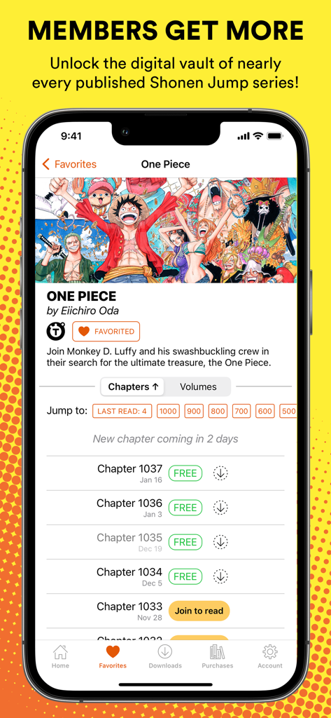 Shonen Jump app screen showing One Piece manga series page with chapter list and membership benefits