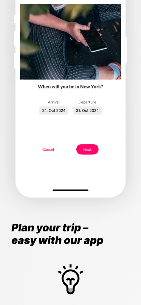 Pantalla de la aplicación móvil para planificar un viaje a Nueva York seleccionando las fechas de llegada y salida.