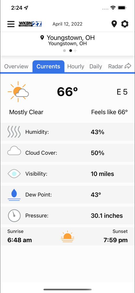 WKBN 27 Weather - Youngstown - Current weather conditions in Youngstown Ohio shown on the WKBN 27 Weather app including temperature and local details.