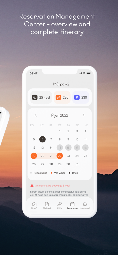 Interfaz de la aplicación Aldrov Resort que muestra la pantalla de gestión de reservas con un calendario de reservas y un resumen de la habitación.